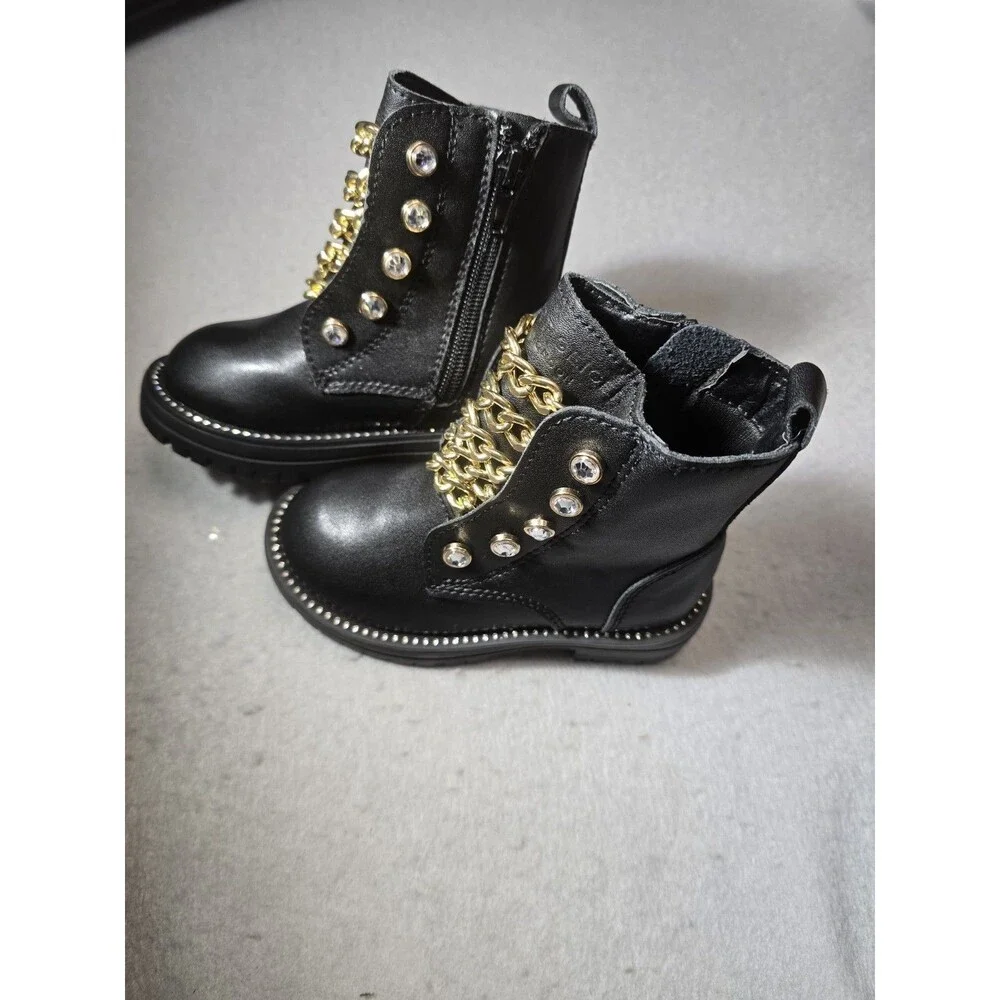 Kurt Geiger London Mini Bax Girls Black Leather Chain Combat Boots Size 7 NWT